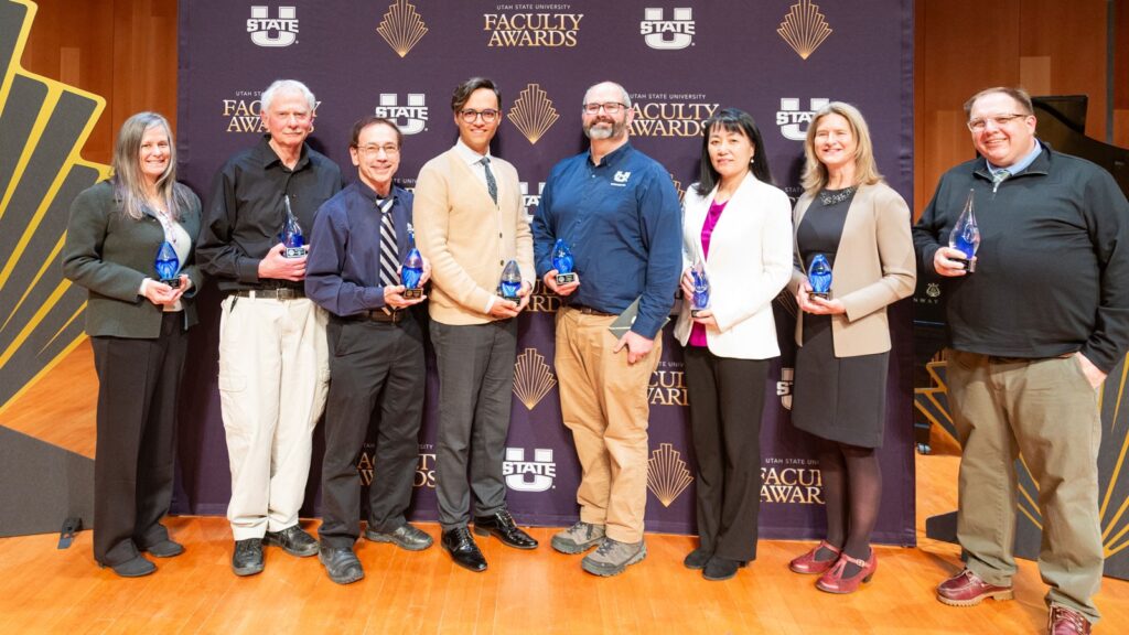 The recipients of USU's 2024 Faculty Awards — including ASPIRE's Angela Minichiello, Pedram Jahangiry, Ryan Berke, and Rose Qingyang Hu — pose for a photo following the ceremony.