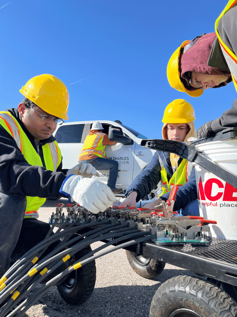 ASPIRE students Vatan Mehar, Isaac Abram, and Nick Frooninckx are characterizing ASPIRE's 3 phase rectangular coils at the INDOT DWPT pilot