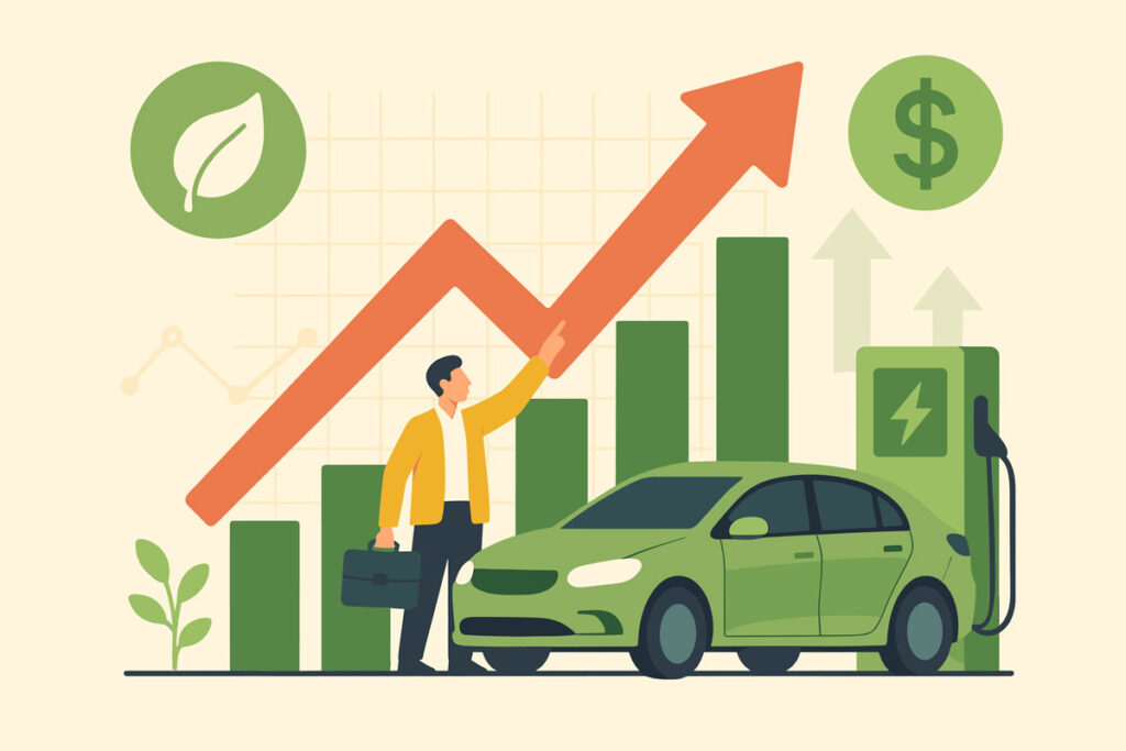 Graphic showing market growth, an EV, and business person following the growing EV market.