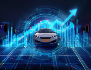 Electric car in front of blue graphs, depicting the market.