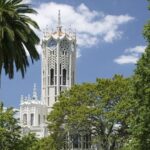 Picture of the University of Auckland with palm trees in front.