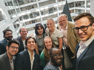 Students pose for a selfie in one of the office buildings for the US Senate members.