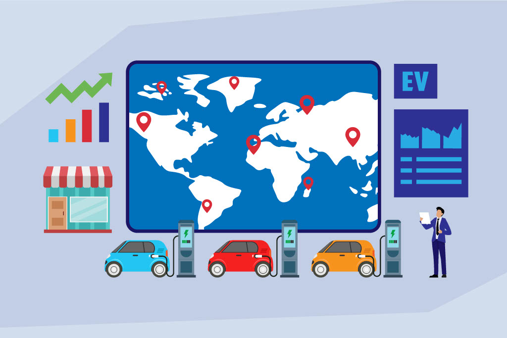 Illustration of the global electric vehicle (EV) market showing a world map with location markers, three electric cars charging at stations, a retail storefront, growth charts, EV data panels, and a person reviewing information. The graphic emphasizes worldwide EV adoption and market growth.