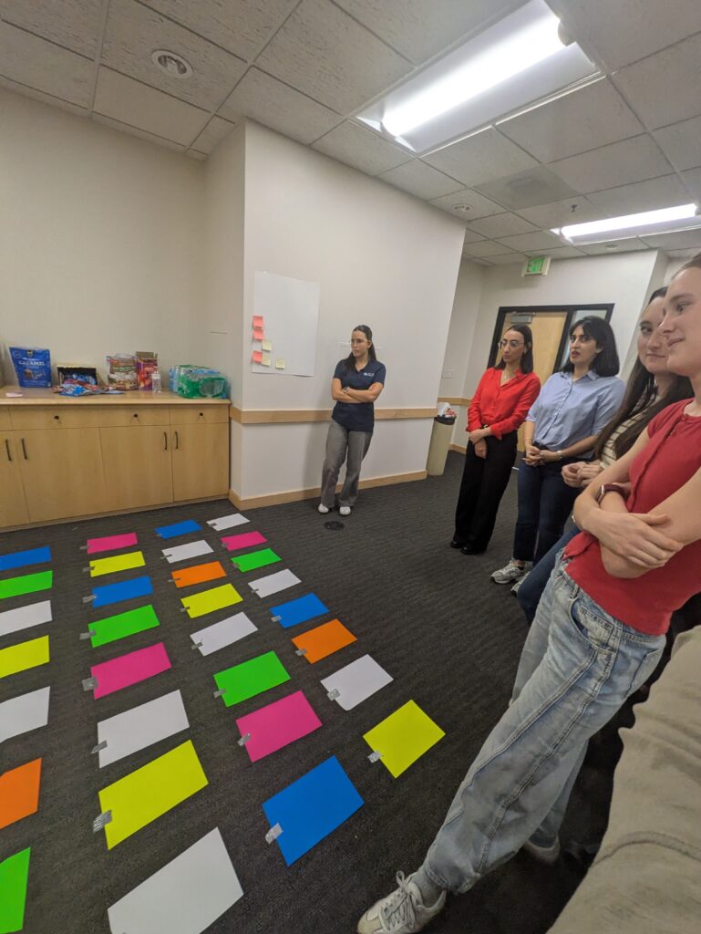 A group of people stand in a classroom, facing an array of monochrome colorful sheets of paper taped to the ground individually in columns and rows. The color of paper on the ground is white, yellow, pink, green, and blue. There is an array of candies on a counter of cabinets. The group of people appear to be preparing for a type of team building activity. Student Leadership Retreat 2026