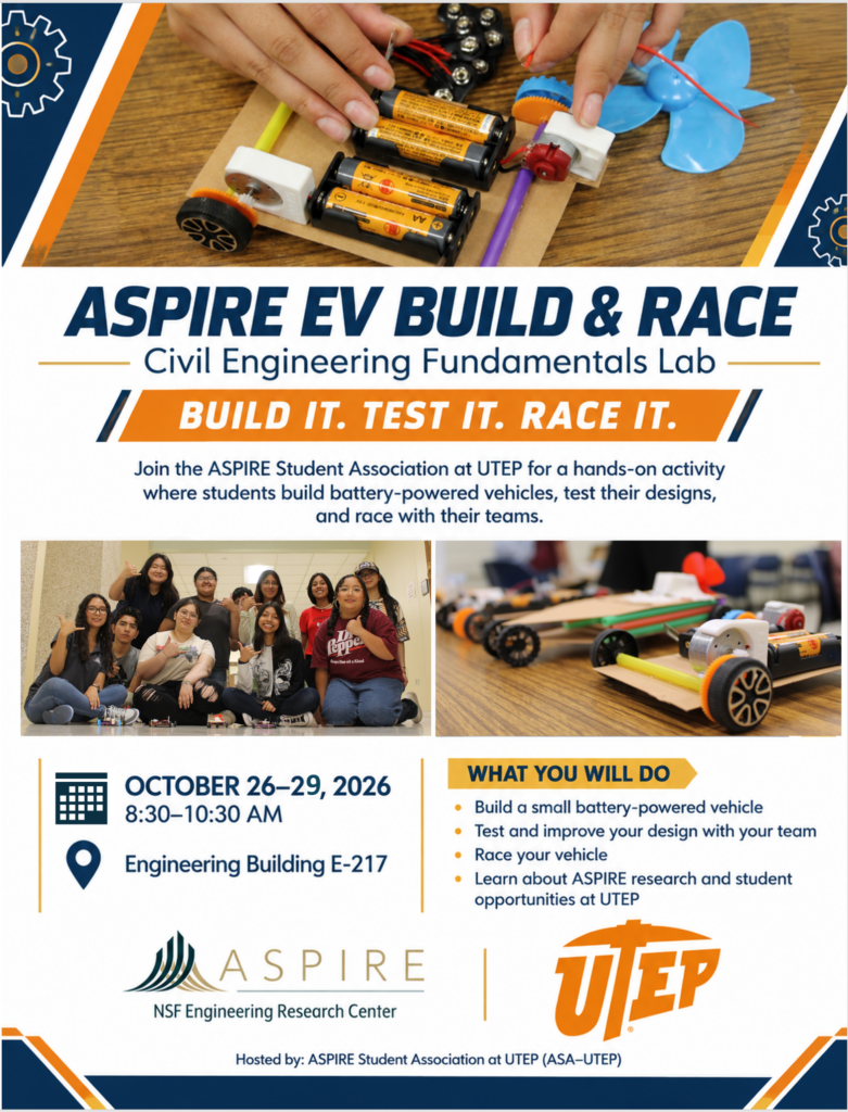 A flyer for the ASPIRE Electric vehicle Build & Race event at the Civil Engineering Fundamentals Lab. In orange highlighted section of the flyer it says "Build It. Test it. Race It." in white font. 'Join ASPIRE Student Association at UTEP for a hands-on activity where students build battery-powered vehicles, test their designs, and race with their teams." Included in the header of the flyer is a birds-eye view of a battery-powered car. Below the large text portion there is group photo of students with thumbs up and smiles at the camera, and the other is a different view of battery powered cars. Below the photos is information of when and where the event is taking place: October 26-29, 2026 8:30-10:30 AM Engineering Building E-217 What you will do: -build a small battery-powered vehicle -test and improve your design with your team -race your vehicle -learn more about ASPIRE research and student opportunities at UTEP.