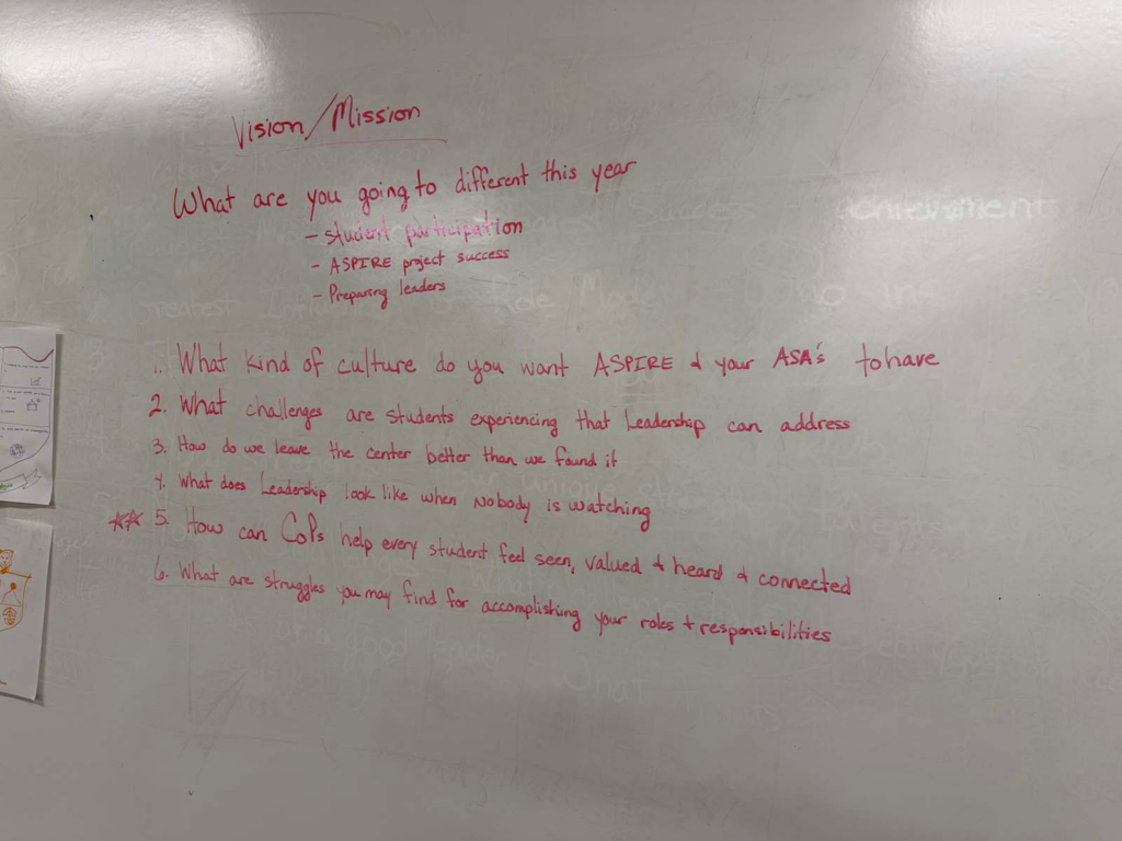 A white board with red script displays the Vision of the ASPIRE Student Association for the 2026 goals: culture, challenges, center, leadership, and the role of the council of presidents, and responsibility struggles.