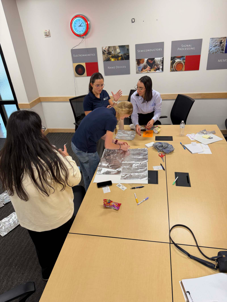 A group of four people arrange tin foil sheets together on a conference table. A red clock with engineering posters s displayed on an off-white wall.